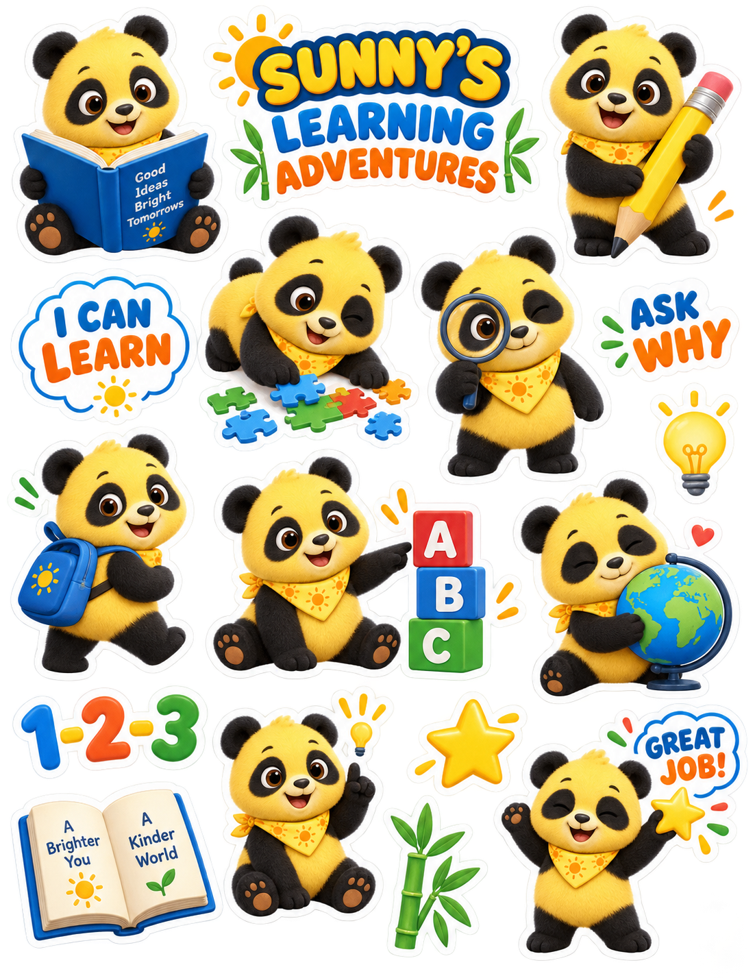 Sunny's Learning Adventures glossy sticker sheet with reading, puzzles, letters, numbers, and discovery