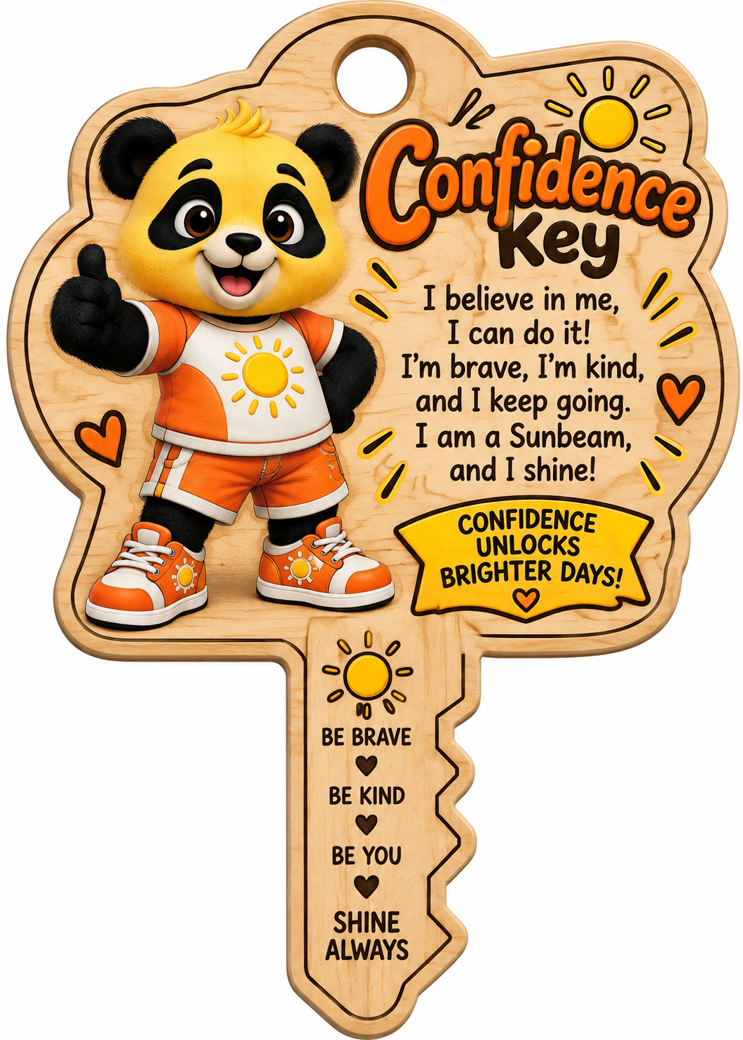 Sunny's Confidence Key, a wooden key keepsake with Sunny in orange and the confidence pledge