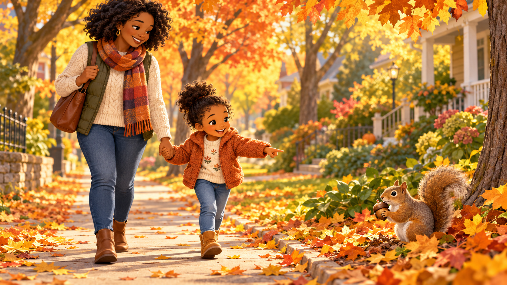 A mother and child hold hands on an autumn walk as the child points to a squirrel holding an acorn.