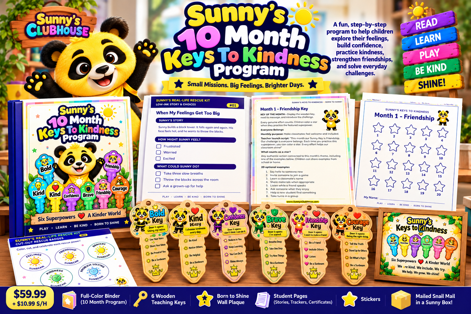 The Keys to Kindness kit: teacher binder, student pages, six wooden teaching keys, wall plaque and stickers