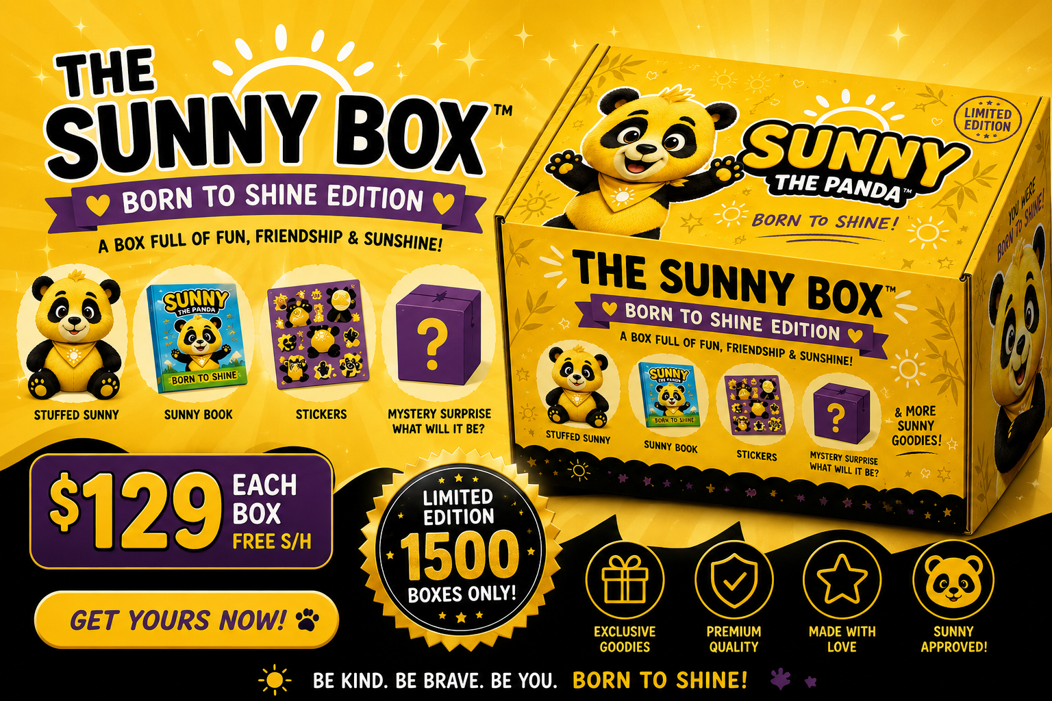 The Sunny Box Born to Shine Limited Edition — includes Stuffed Sunny, Sunny book, stickers, and a mystery surprise. $129 each with free shipping, limited to 1,500 boxes.