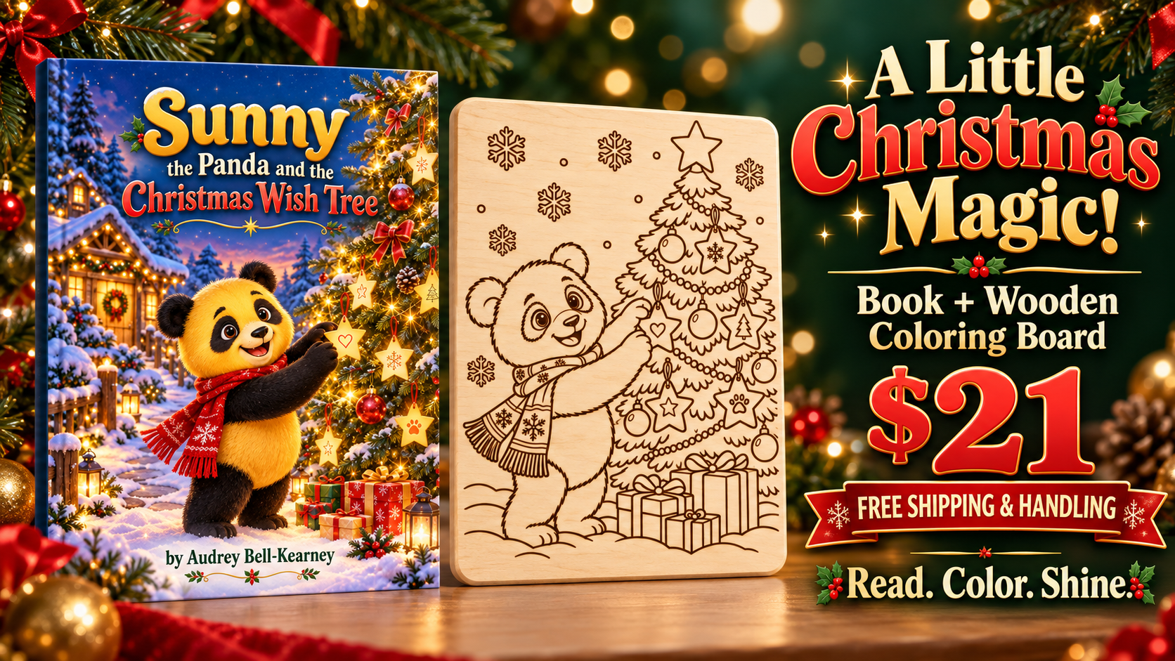 Sunny the Panda and the Christmas Wish Tree storybook with its wooden coloring board — a little Christmas magic bundle, $21 with free shipping