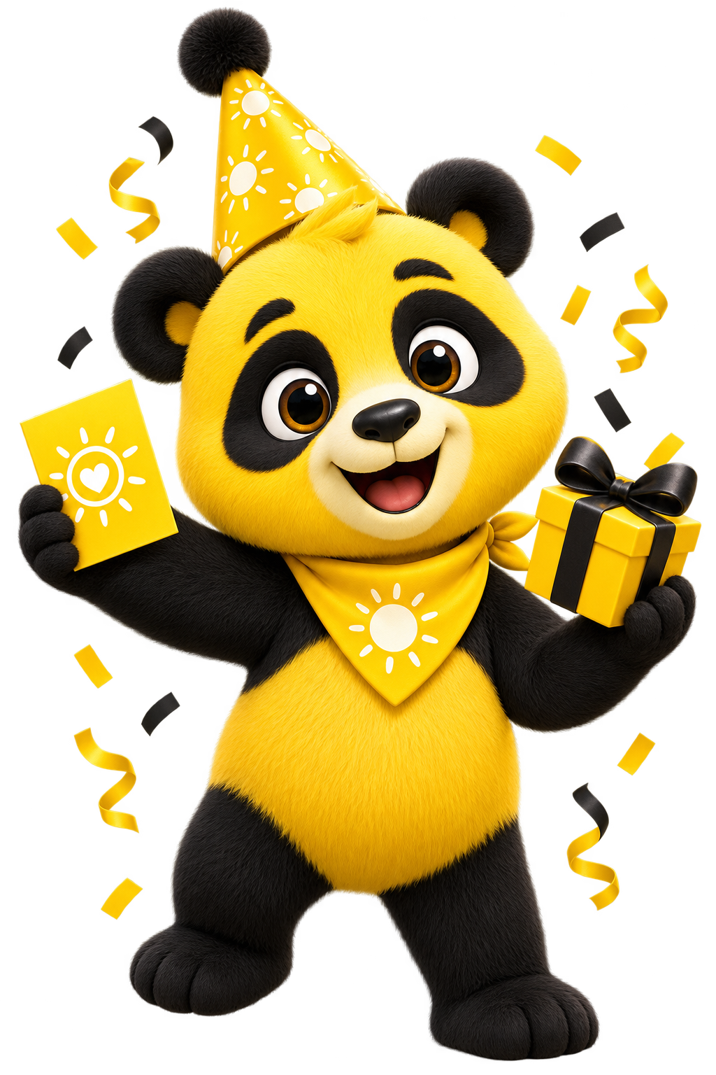Sunny the Panda celebrating with a party hat, gift, and card