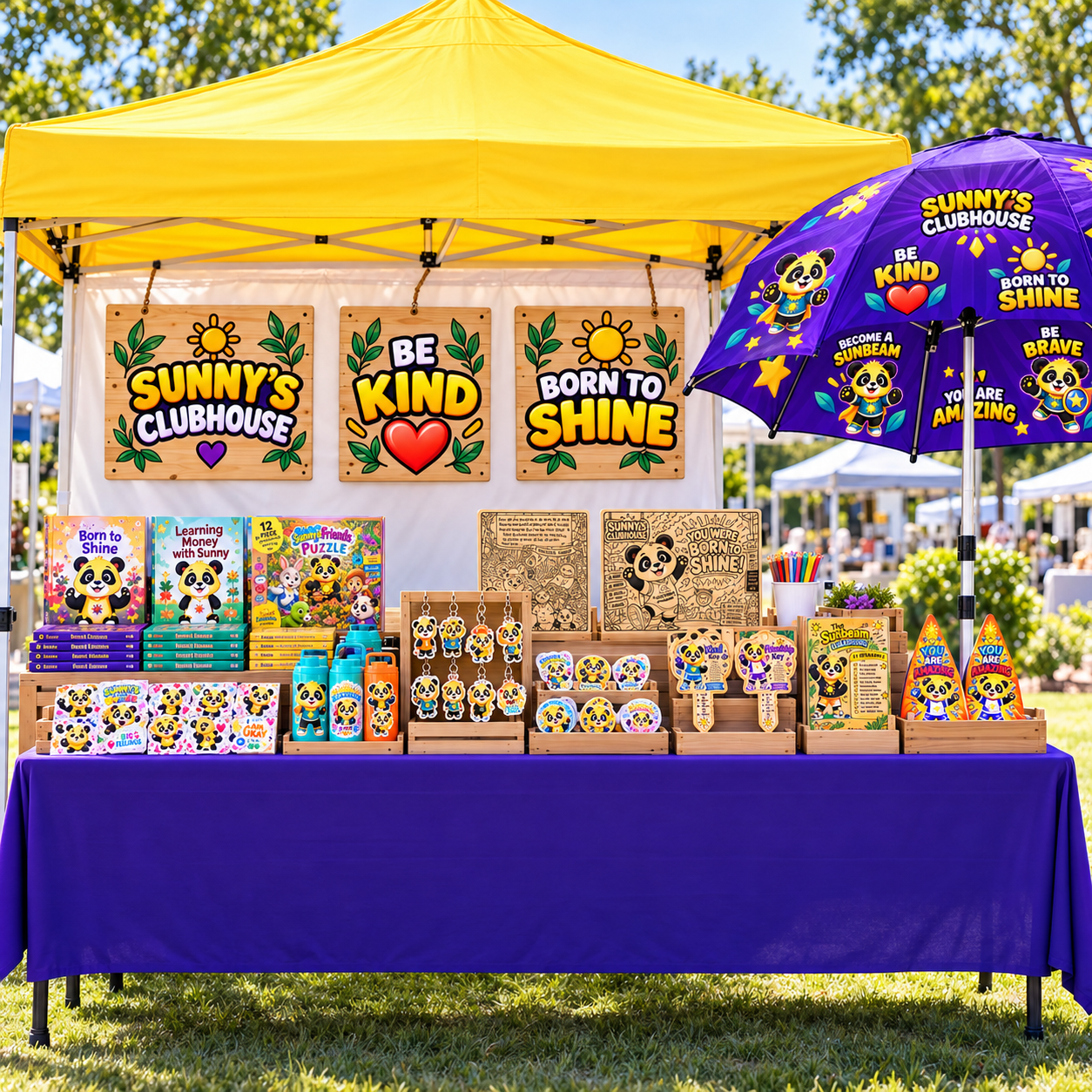 A Sunny's Clubhouse vendor booth with a branded market umbrella, wooden display signs and a full table of products