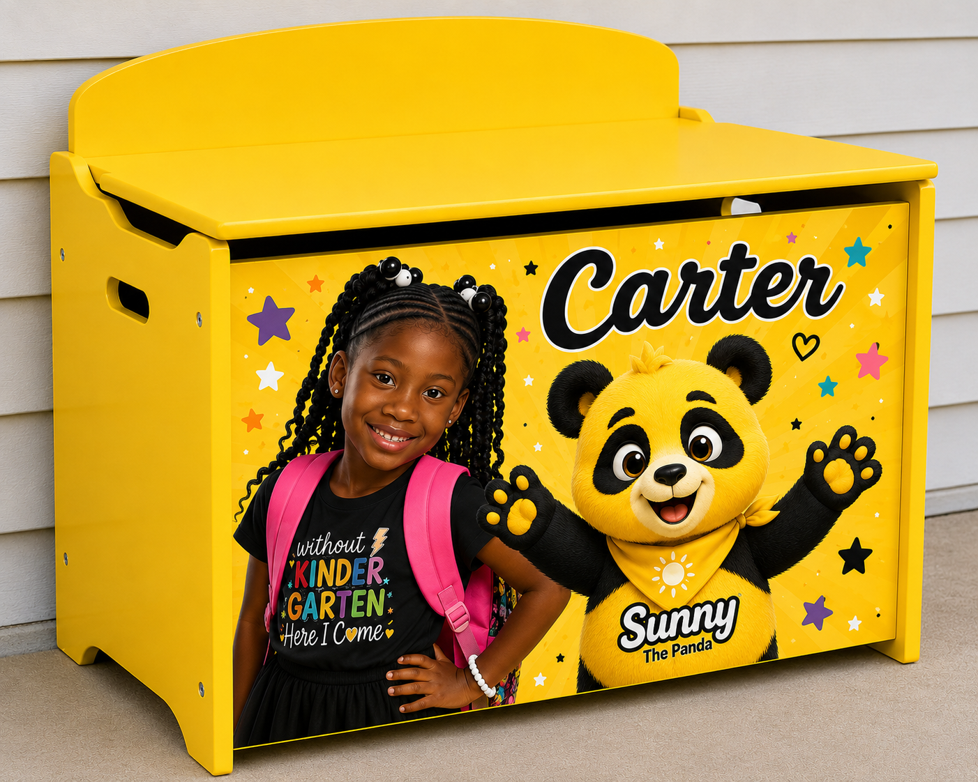 Personalized Sunny the Panda toy chest with a child's name