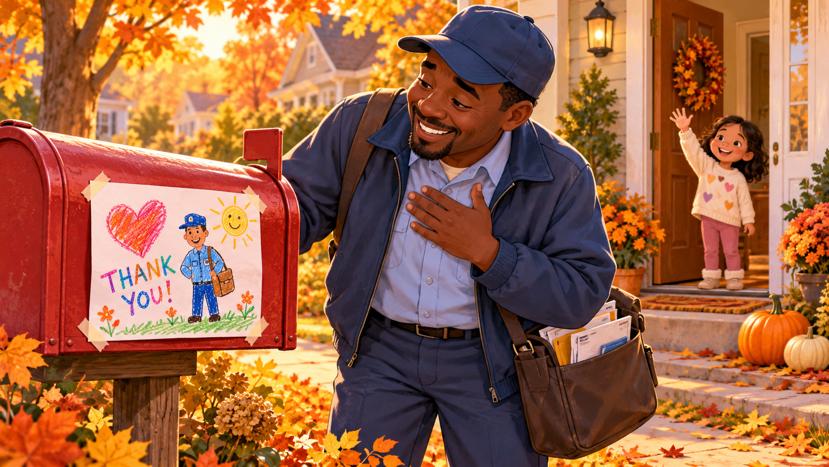 A smiling mail carrier discovers a child's colorful thank-you drawing on a red mailbox while the child waves from the doorway.