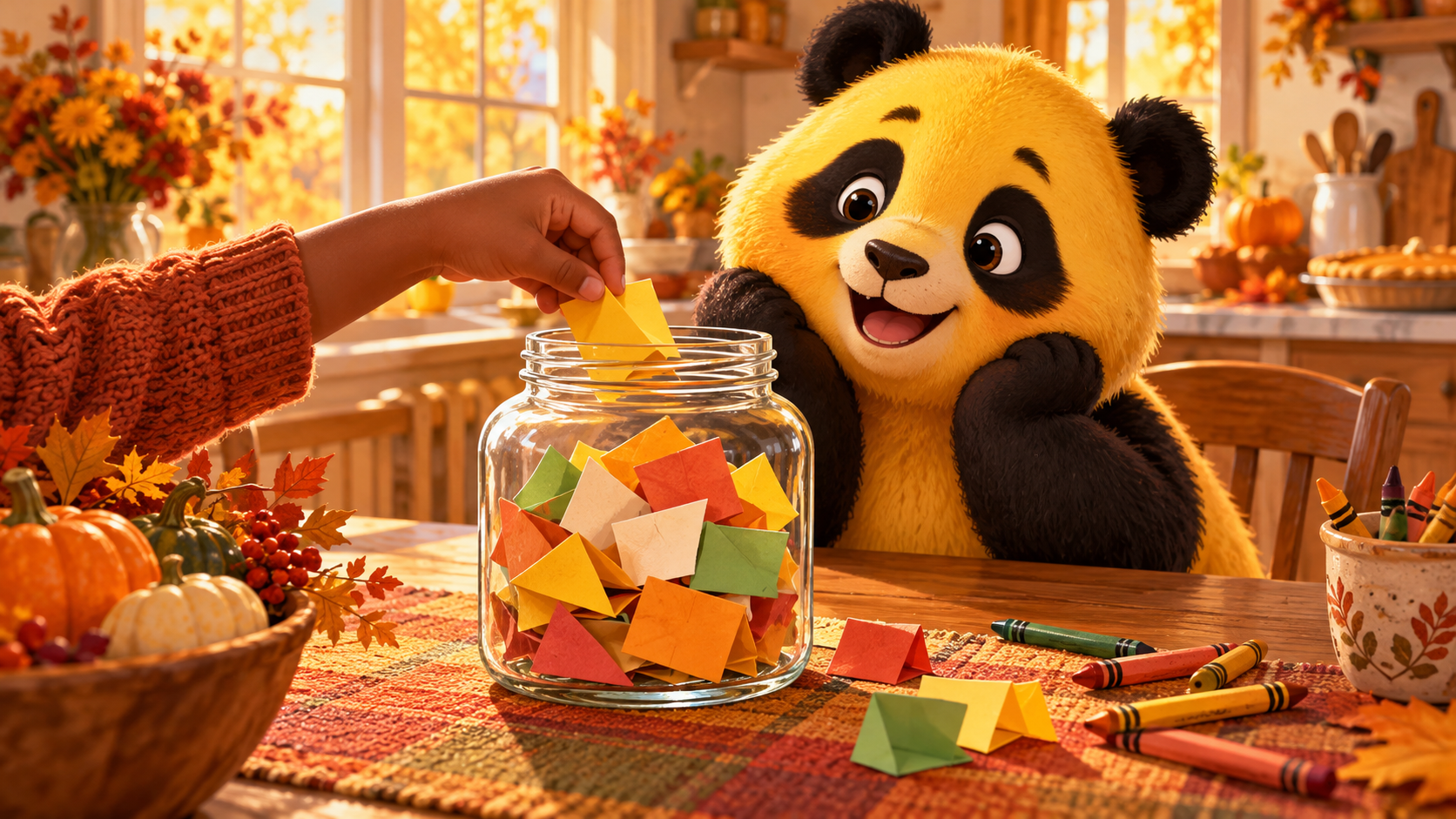 Sunny the yellow-and-black panda smiles as a child adds a thankful note to a glass jar beside crayons and autumn pumpkins.