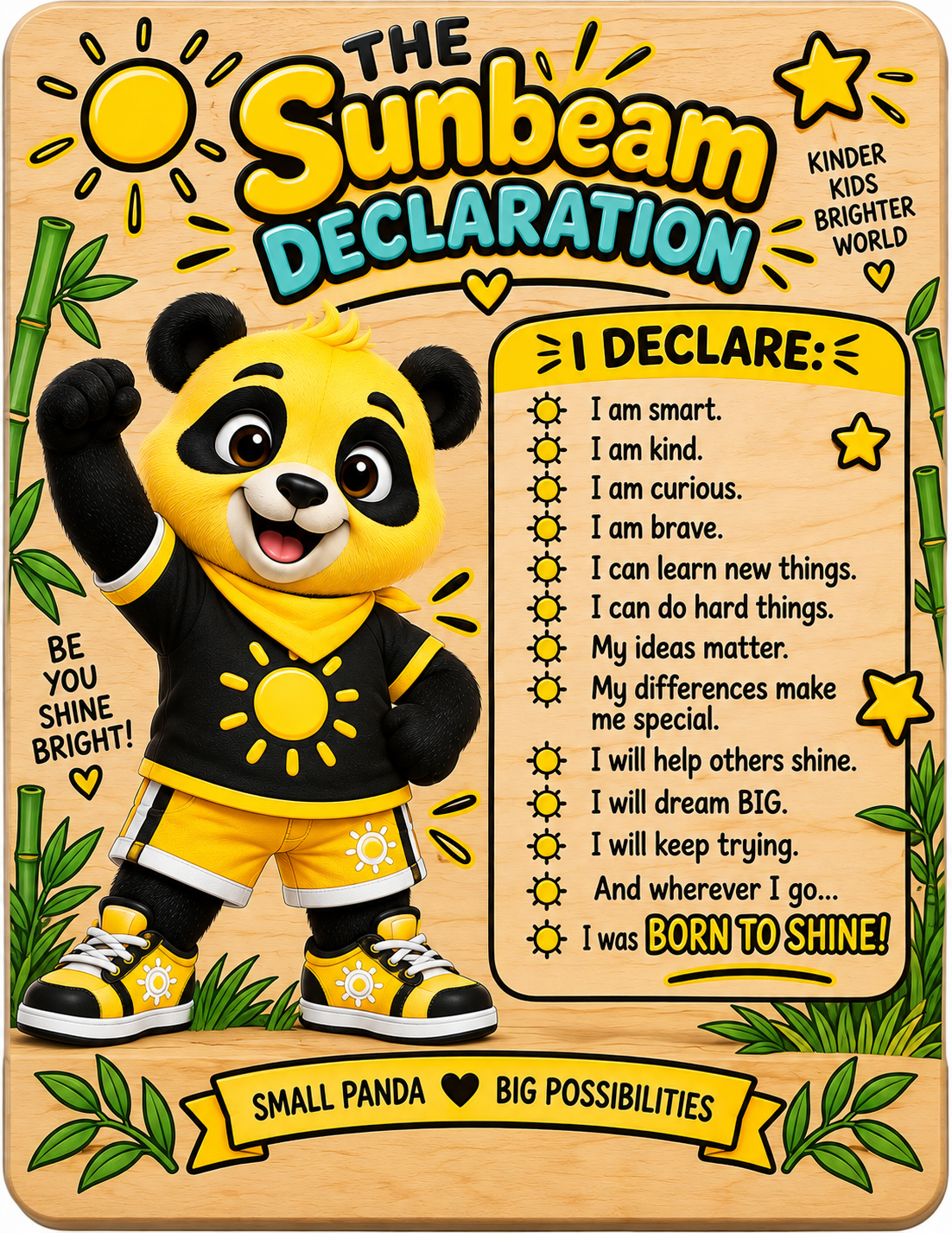 The Sunbeam Declaration plaque with Sunny and positive affirmations
