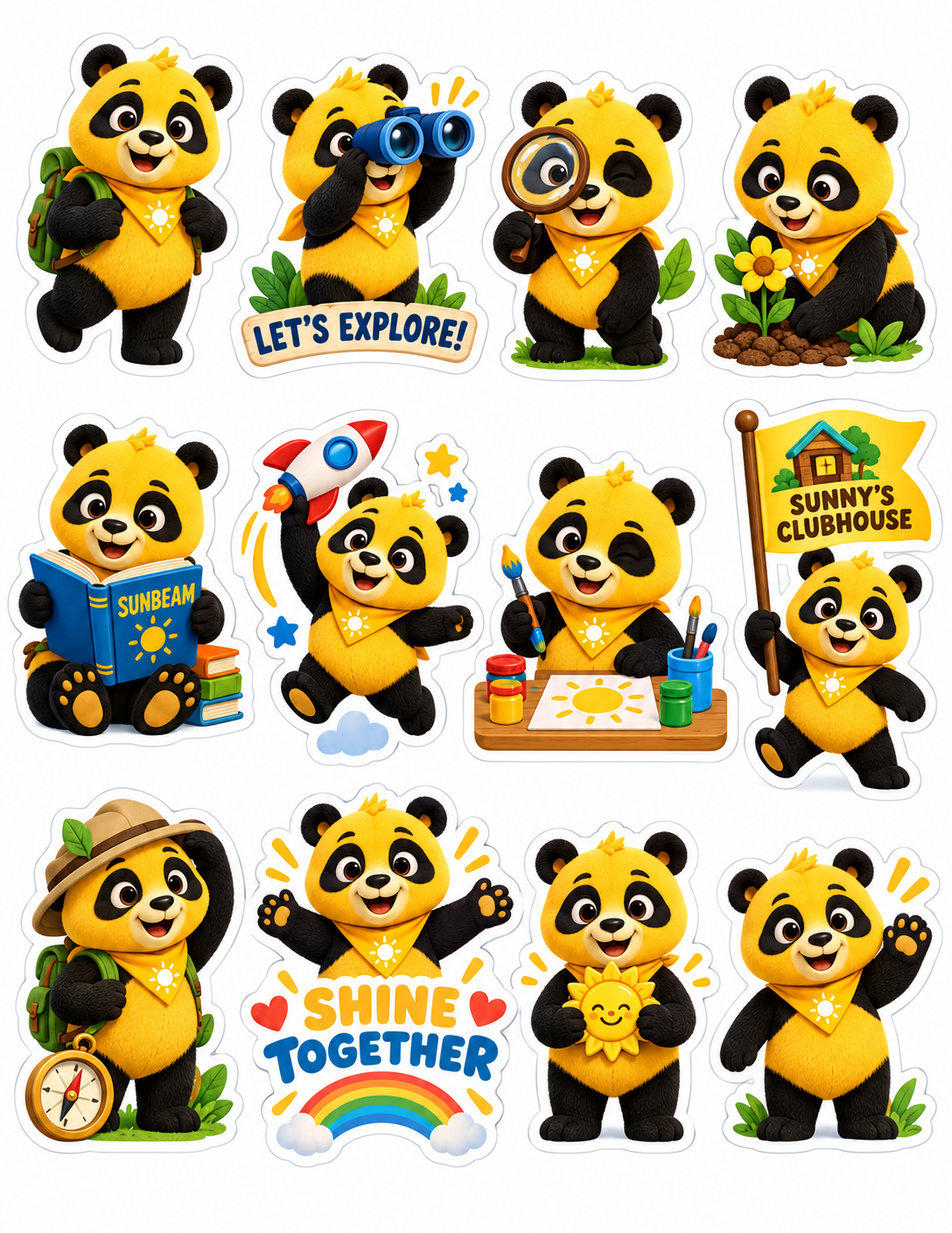 Explore Together glossy sticker sheet with books, art, nature, and Sunny's Clubhouse
