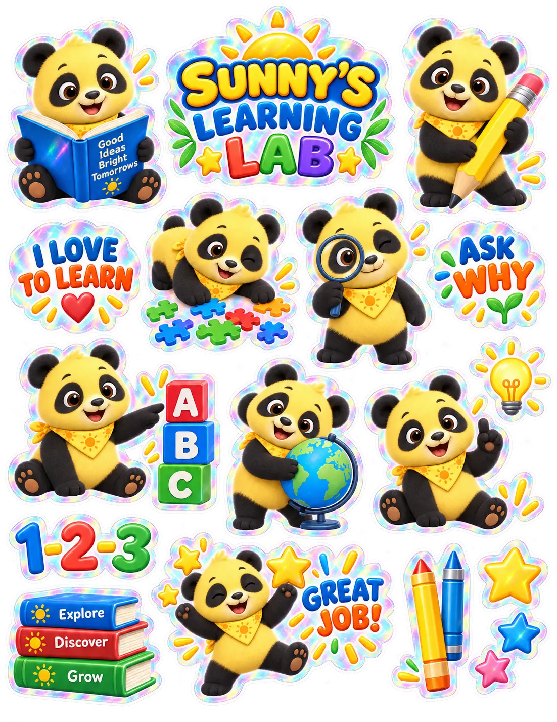 Sunny's Learning Lab holographic sticker sheet with books, letters, numbers, and discovery