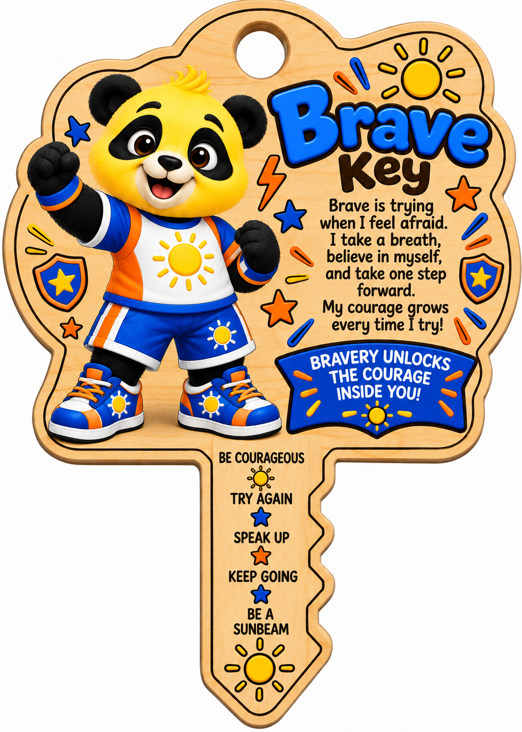 Sunny's Brave Key, a wooden key keepsake with Sunny in blue and the bravery pledge