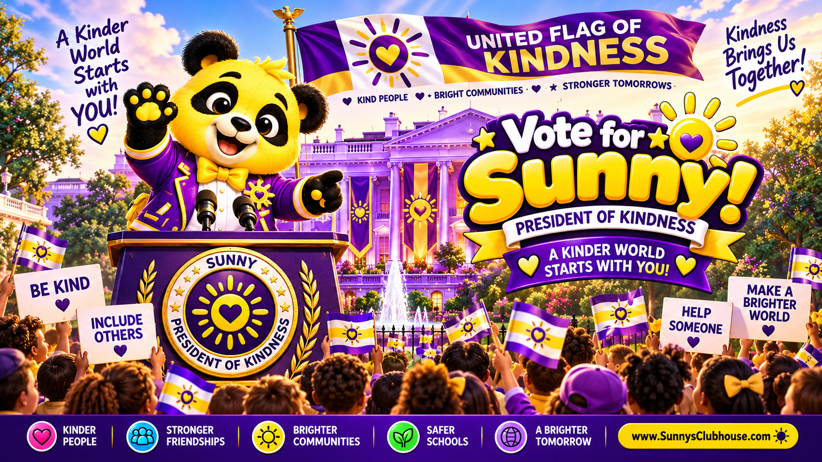 Sunny the Panda in a purple suit and yellow bow tie speaking at a lectern outside the White House, under a large United Flag of Kindness, beside a Vote for Sunny President of Kindness sign and children holding Be Kind, Include Others, Help Someone and Make a Brighter World signs
