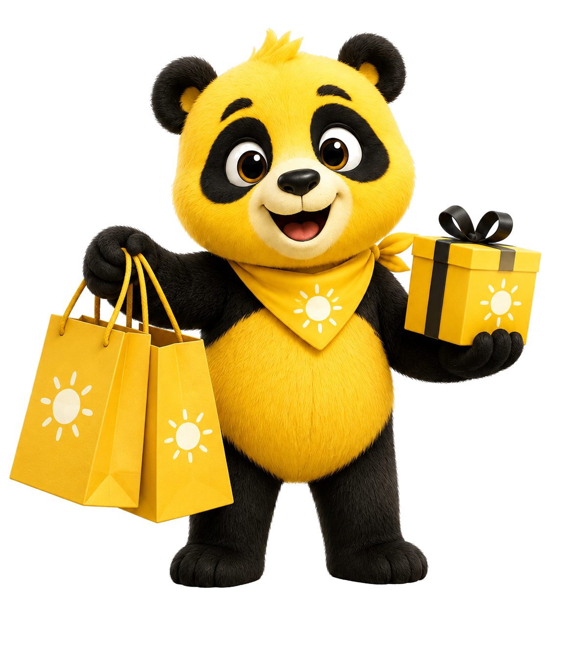 Sunny the Panda holding cheerful yellow shopping bags and a gift box