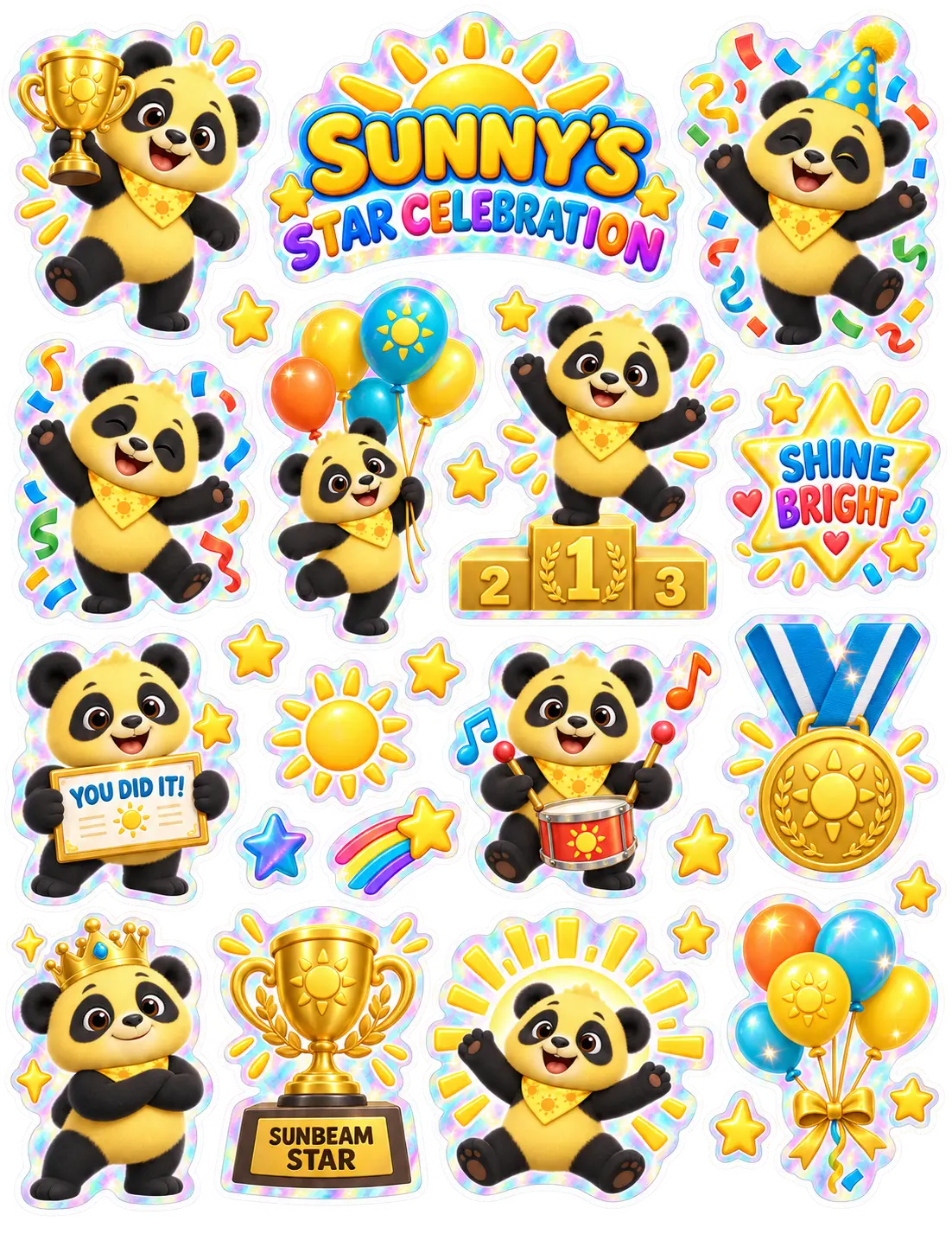 Sunny's Star Celebration holographic sticker sheet with trophies, medals, balloons, and stars
