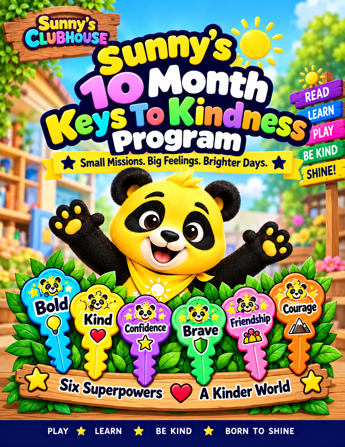 Sunny the Panda cheering above six colorful wooden kindness keys: Bold, Kind, Confidence, Brave, Friendship and Courage