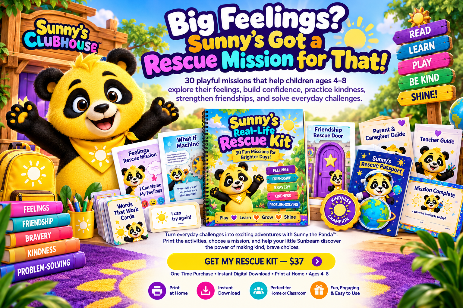 Sunny the yellow-and-black panda presents Sunny's Real-Life Rescue Kit, with a feelings mission, What-If Machine, friendship door, conversation cards, guides and Rescue Passport