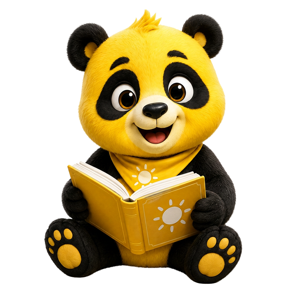 Sunny the Panda sitting and reading a yellow storybook
