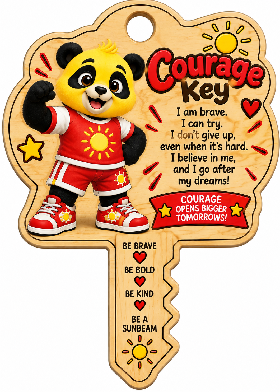 Sunny's Courage Key, a wooden key keepsake with Sunny in red and the courage pledge