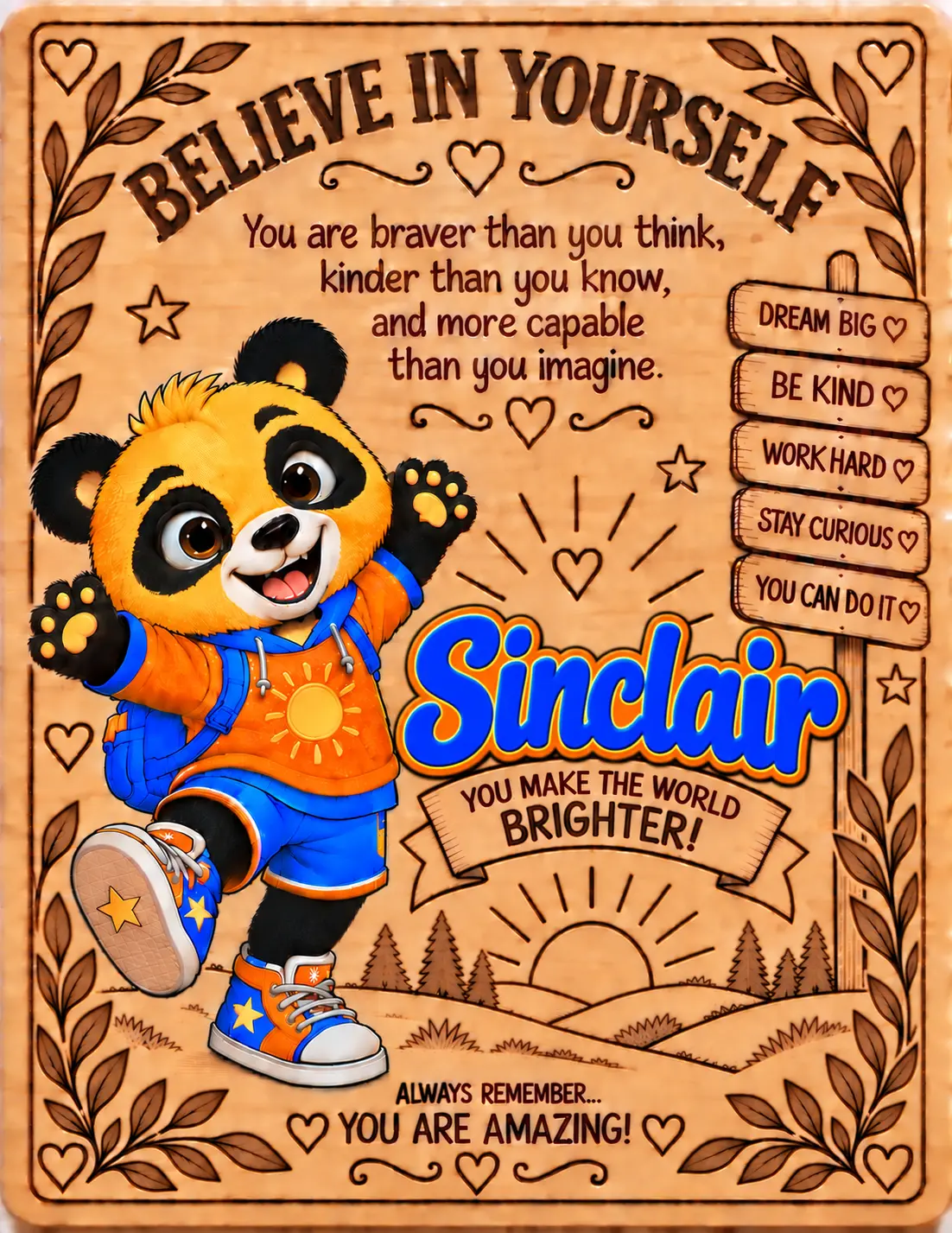 Sinclair personalized Believe in Yourself name board
