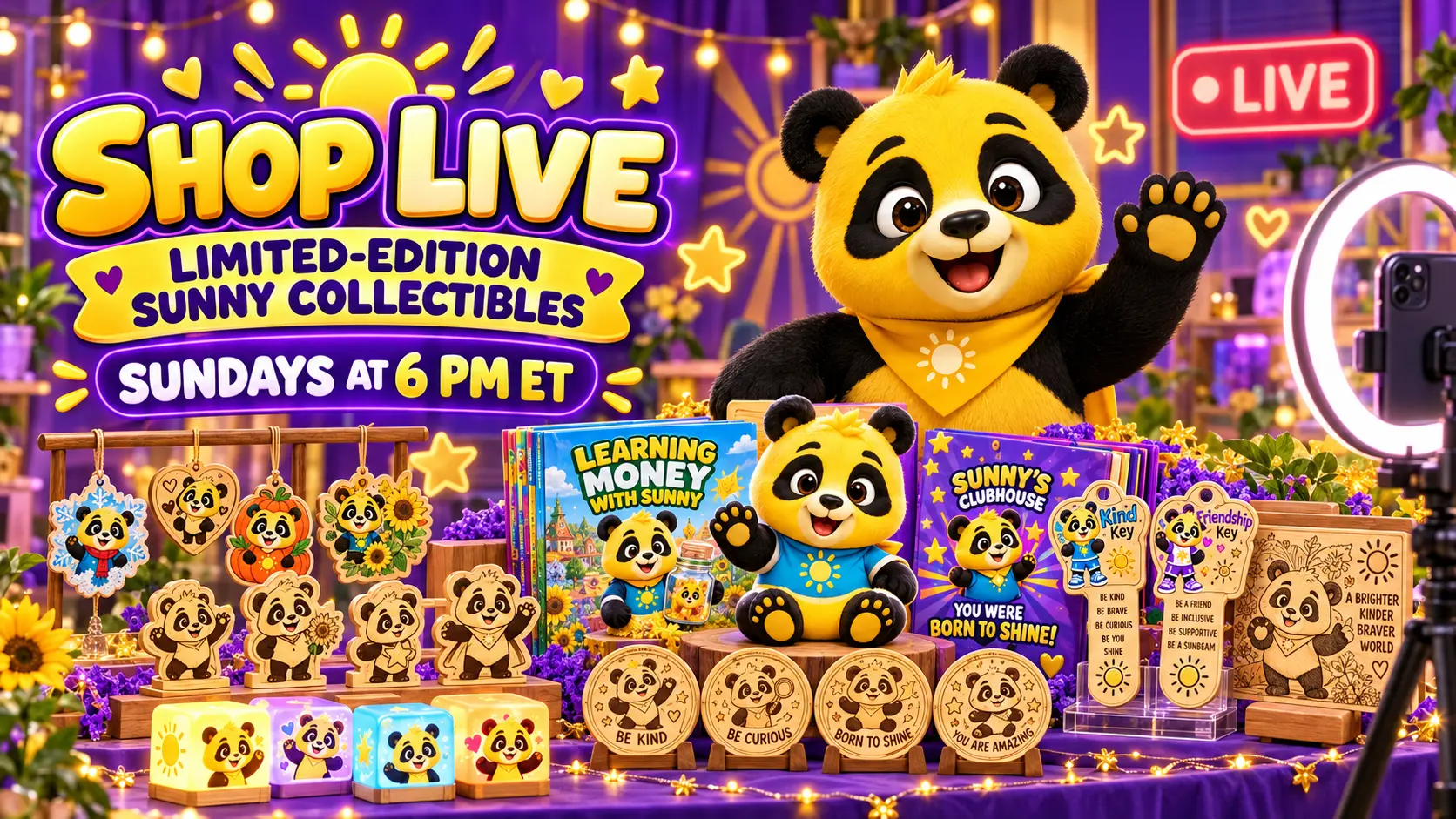Shop Live — Limited-Edition Sunny Collectibles, Sundays at 6 PM ET, with Sunny the Panda waving on a live-show set