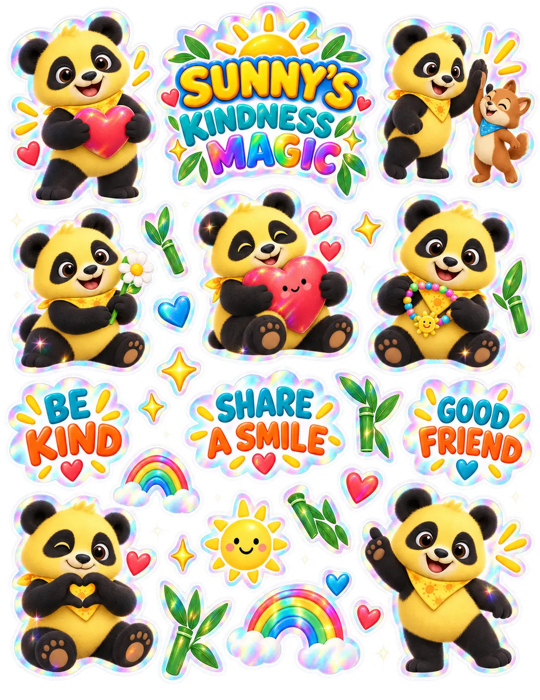 Sunny's Kindness Magic holographic sticker sheet with friendship and caring designs