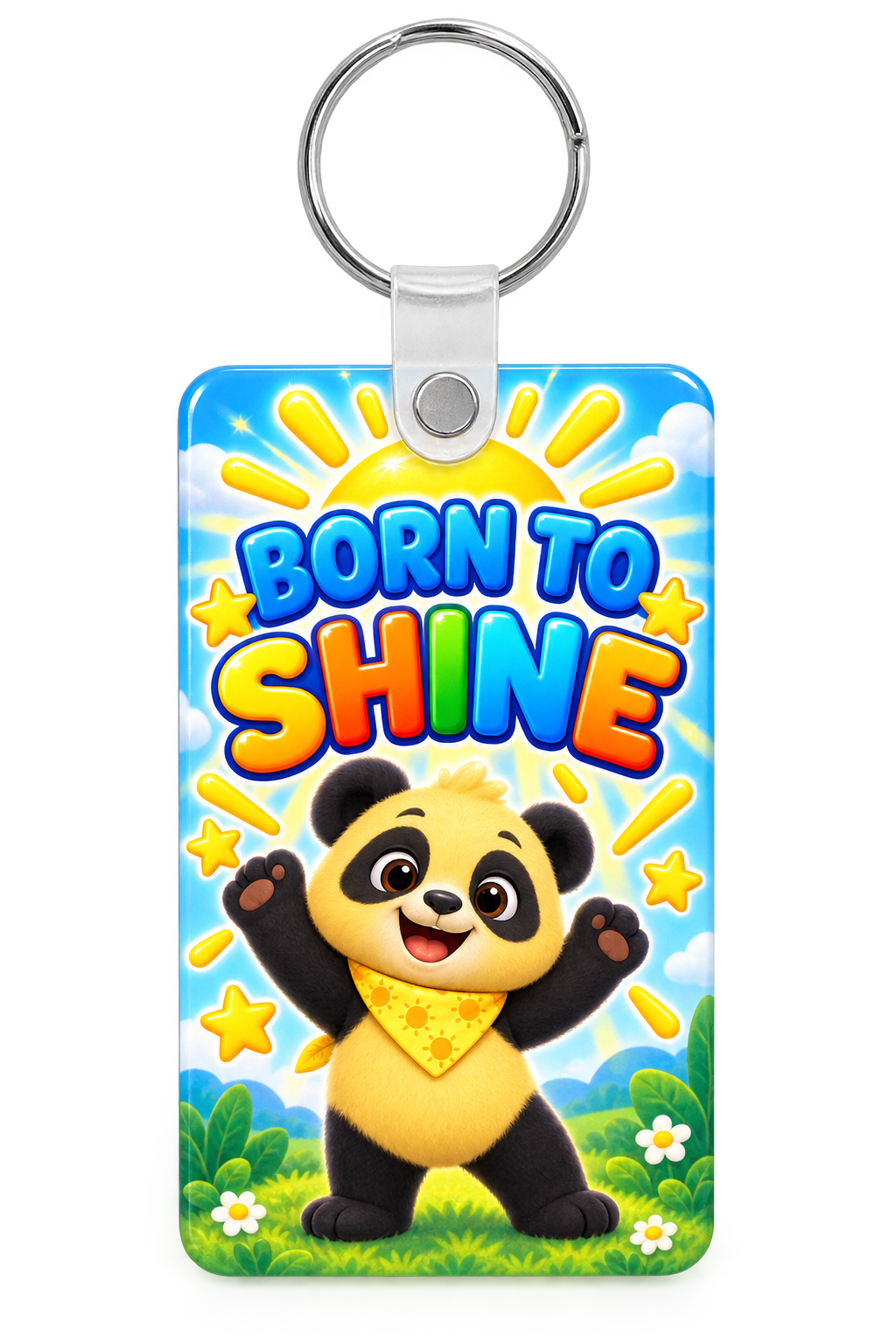 Born to Shine Sunny the Panda backpack tag with a bright sun and stars