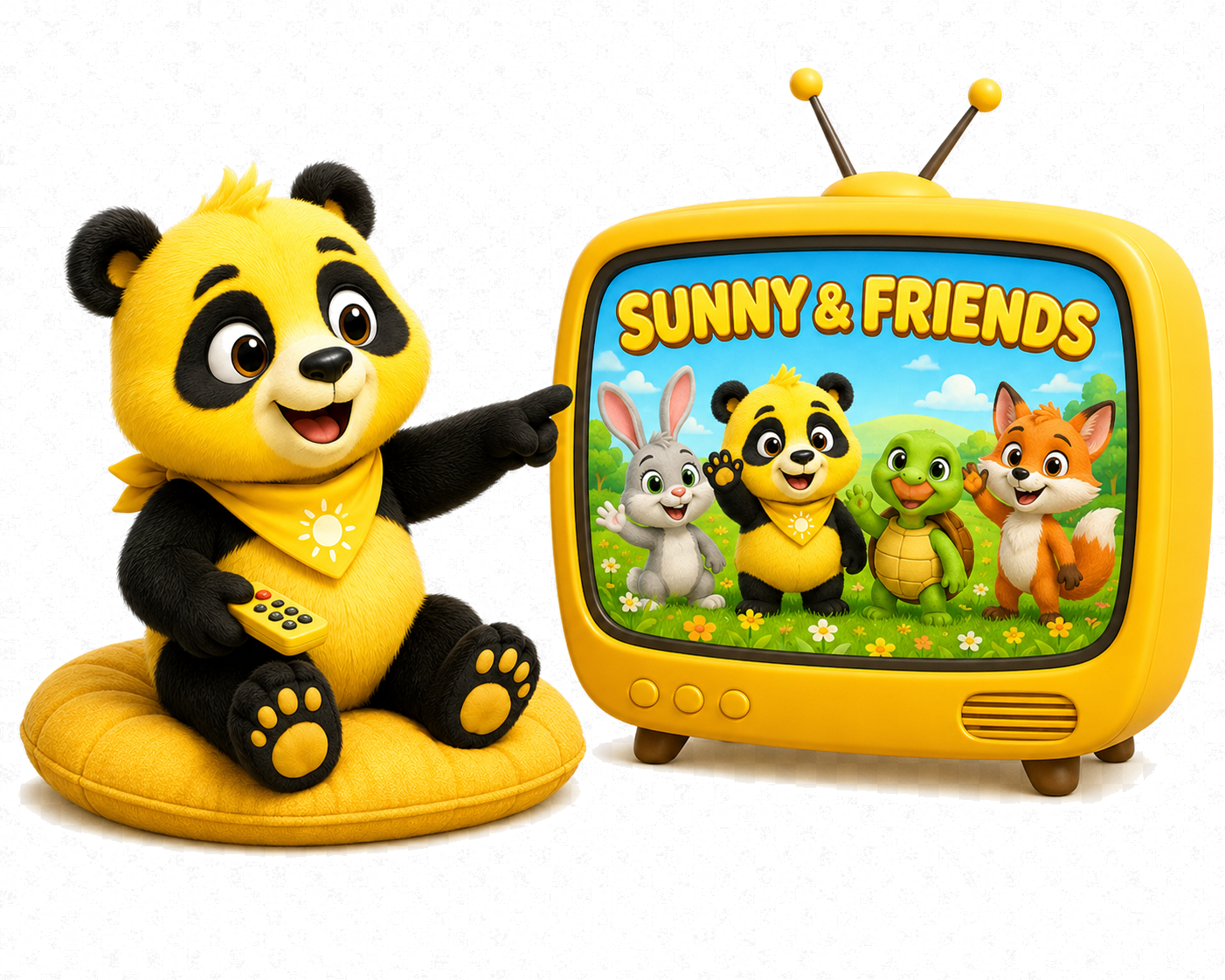 Sunny the Panda watching Sunny & Friends on a cheerful yellow television