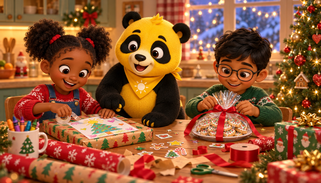 Sunny the Panda helps two children wrap handmade Christmas gifts and a plate of cookies at a cozy kitchen table.