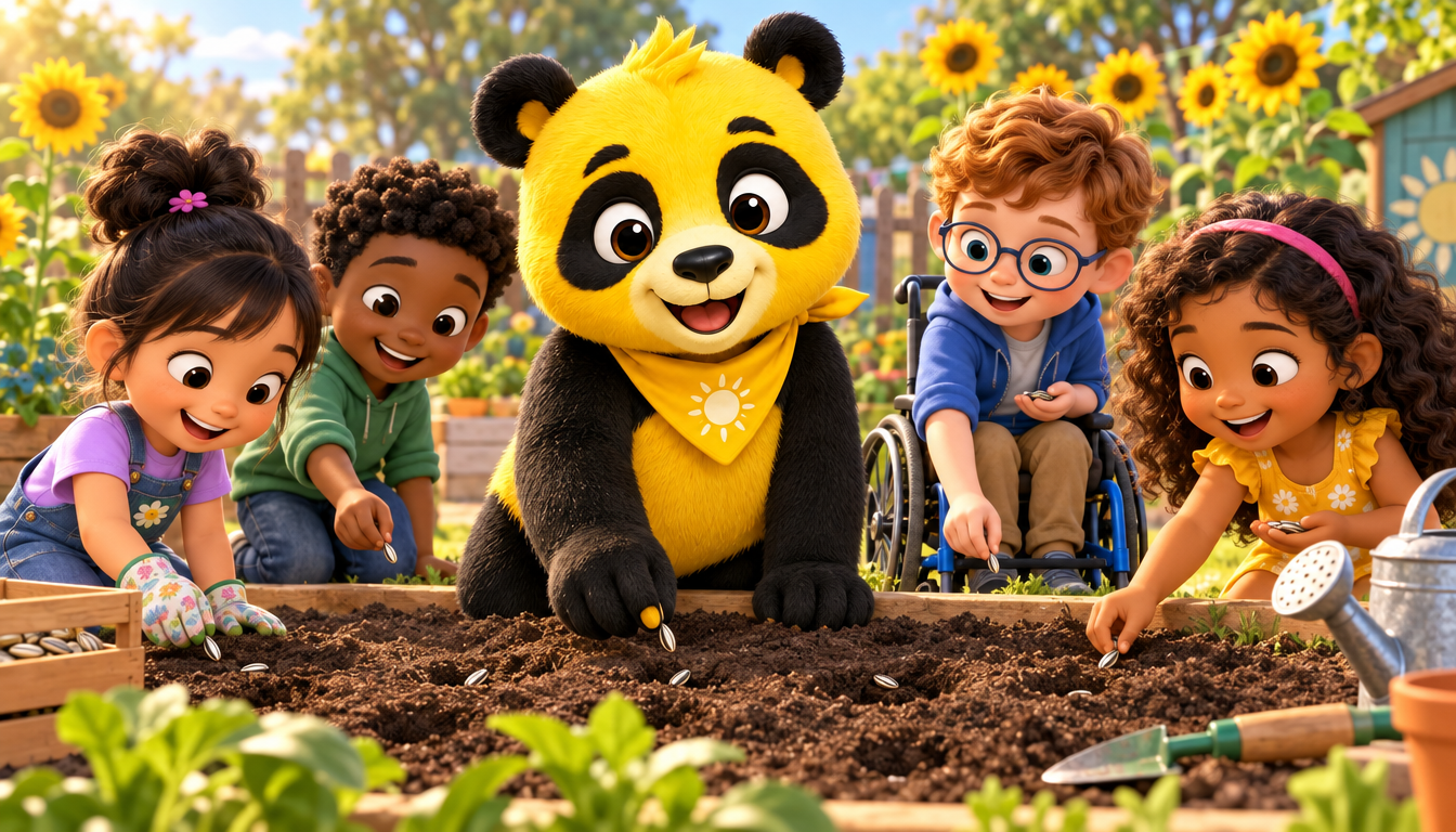 Sunny the Panda plants sunflower seeds in a garden bed with five smiling children, including a boy in a wheelchair, on a bright sunny day.