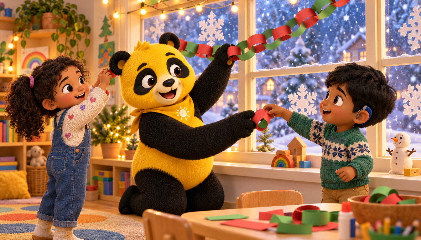 Sunny the Panda helps two preschoolers hang a red and green paper kindness chain in a cozy, snowflake-decorated classroom.