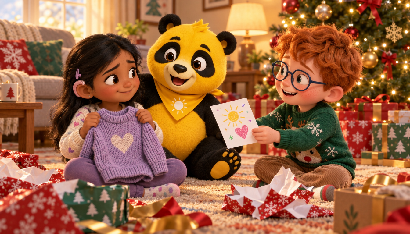 Sunny the Panda comforts two children opening holiday gifts beside a twinkling tree in a cozy living room.