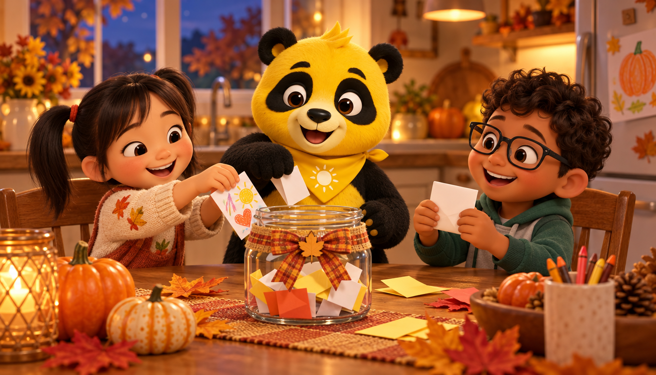 Sunny the Panda helps two children add paper notes to a decorated thankful jar on a cozy autumn kitchen table.