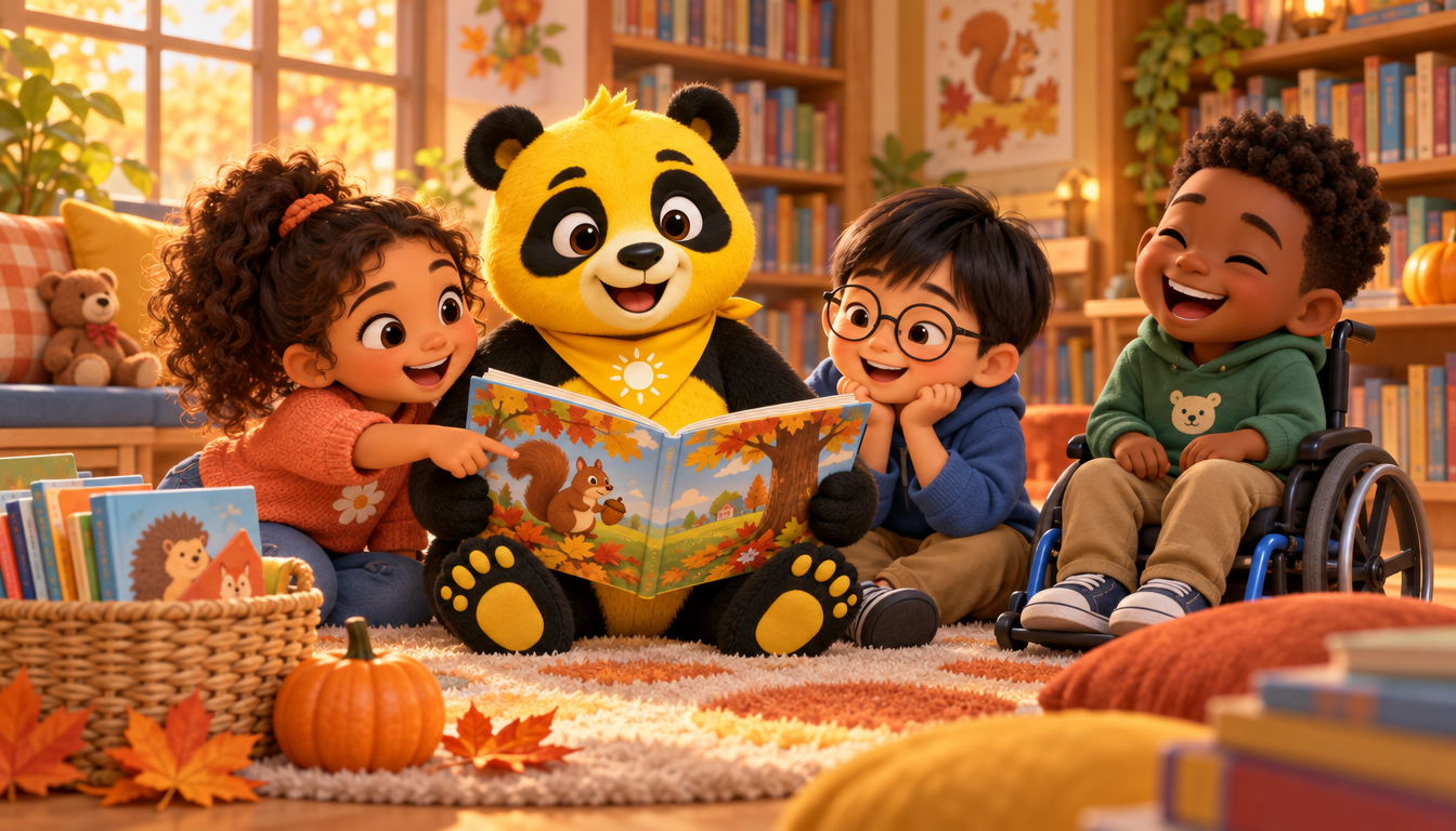 Sunny the Panda reads a Thanksgiving picture book about gratitude to three smiling children on a cozy library rug.