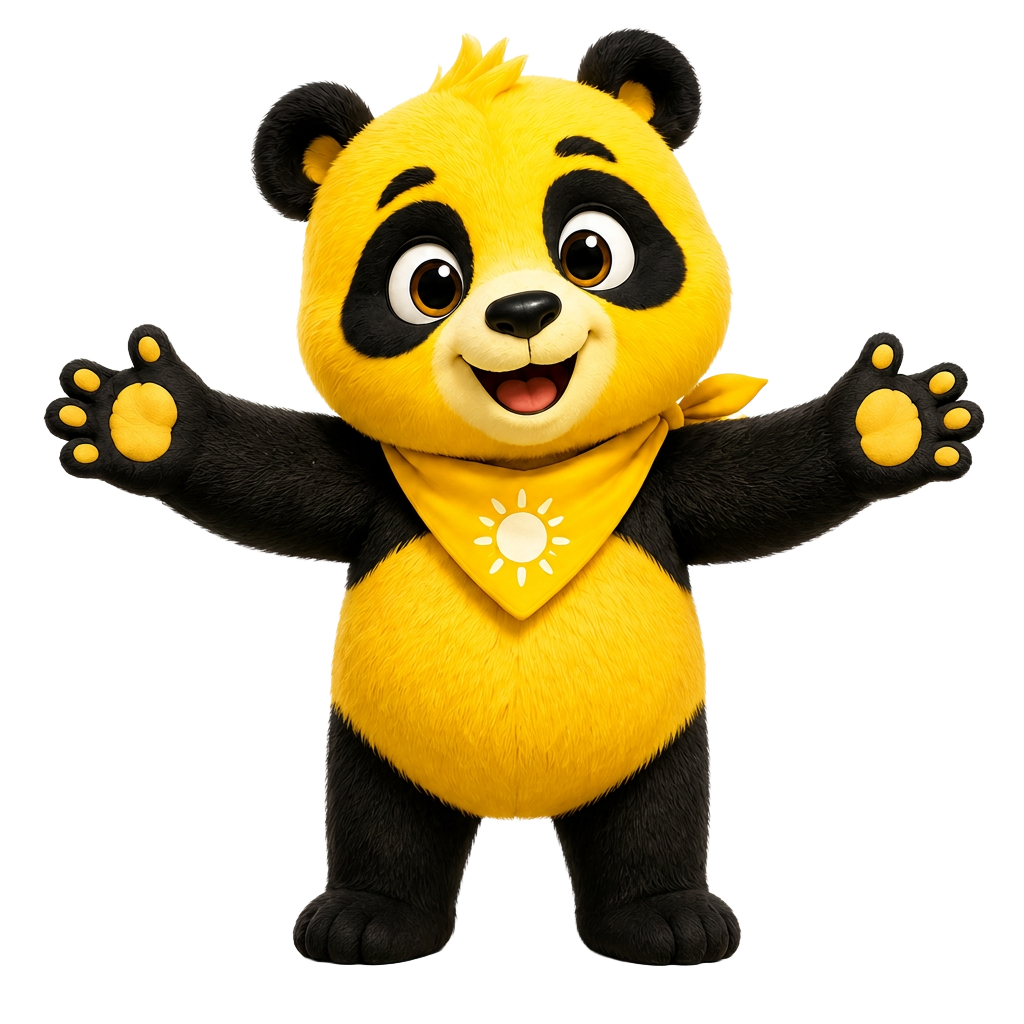 Sunny the Panda, a cheerful yellow-and-black panda character, standing and waving hello