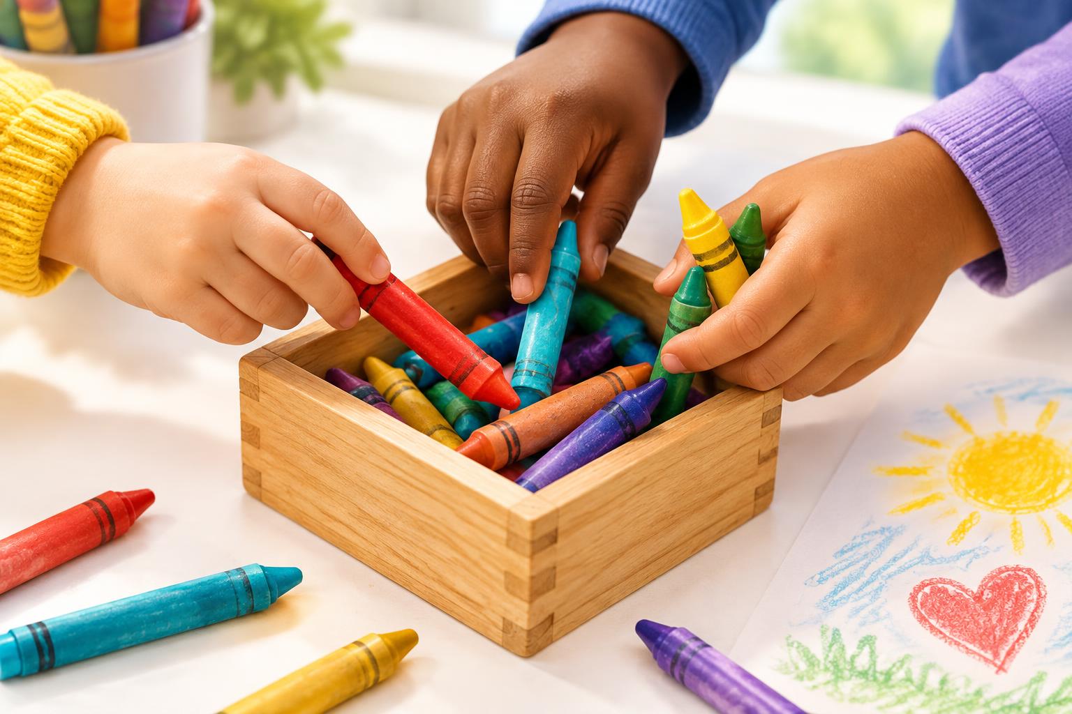 Children sharing colorful crayons and putting them into a wooden box beside a sunshine and heart drawing.