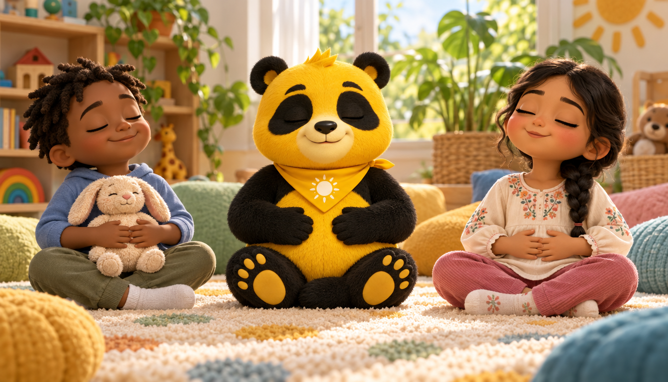 Sunny the Panda takes a slow belly breath on a playroom rug while two children copy him, one with a stuffed bunny on his tummy.