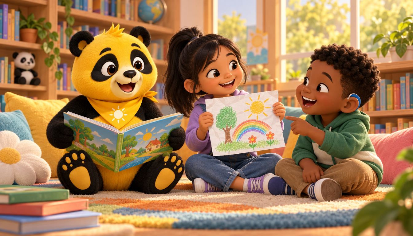 Sunny the Panda reads a picture book with children on a cozy rug as a smiling girl holds up a smoothed-out crumpled drawing.