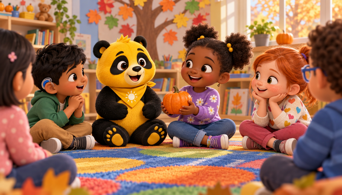 Sunny the Panda sits in a kindergarten circle as children pass a small pumpkin and share what they are thankful for.