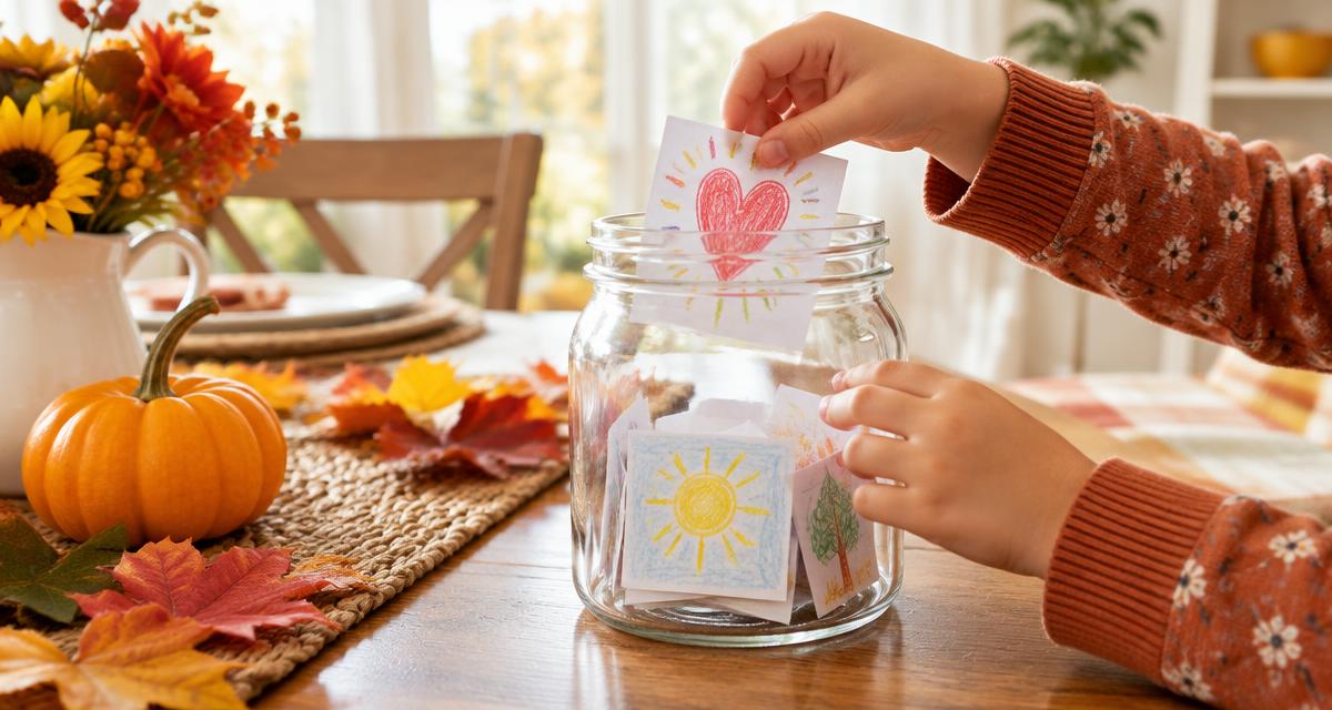 A child adds a crayon heart drawing to a thankful jar beside a pumpkin and autumn leaves on a family table.