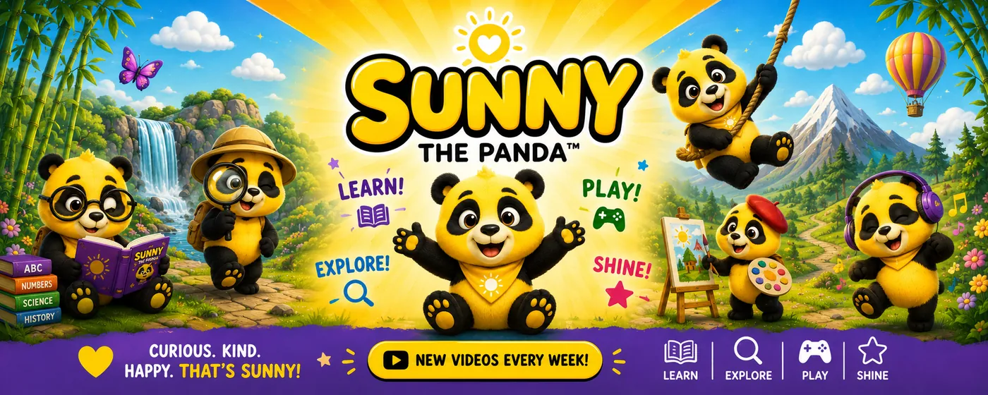 Sunny the Panda welcoming children to a bright world of stories and creative play