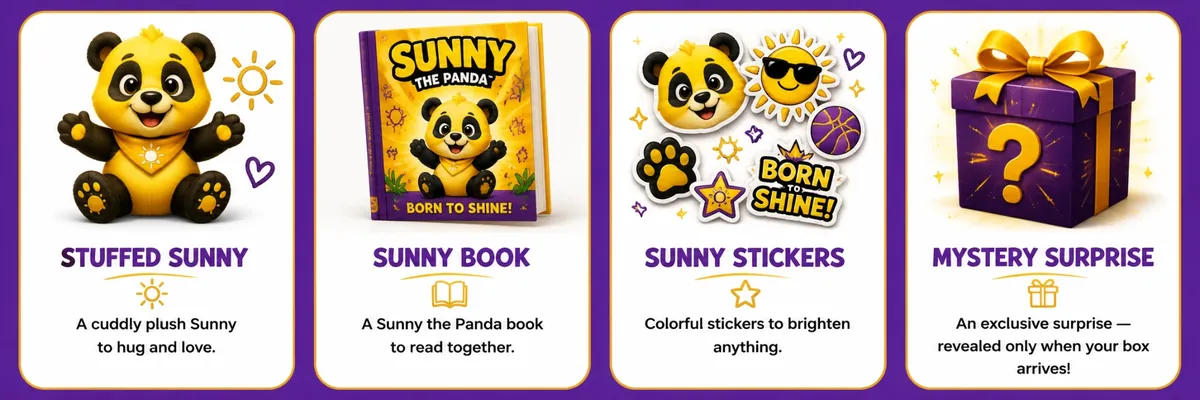 What's inside the Sunny Box: Stuffed Sunny plush, Sunny the Panda book, Sunny stickers, and a Mystery Surprise.