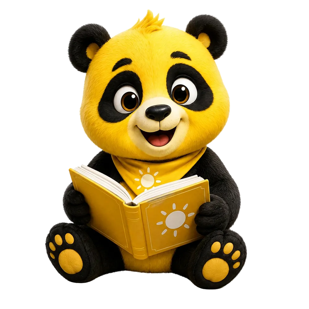 Sunny the Panda sitting and reading a yellow storybook